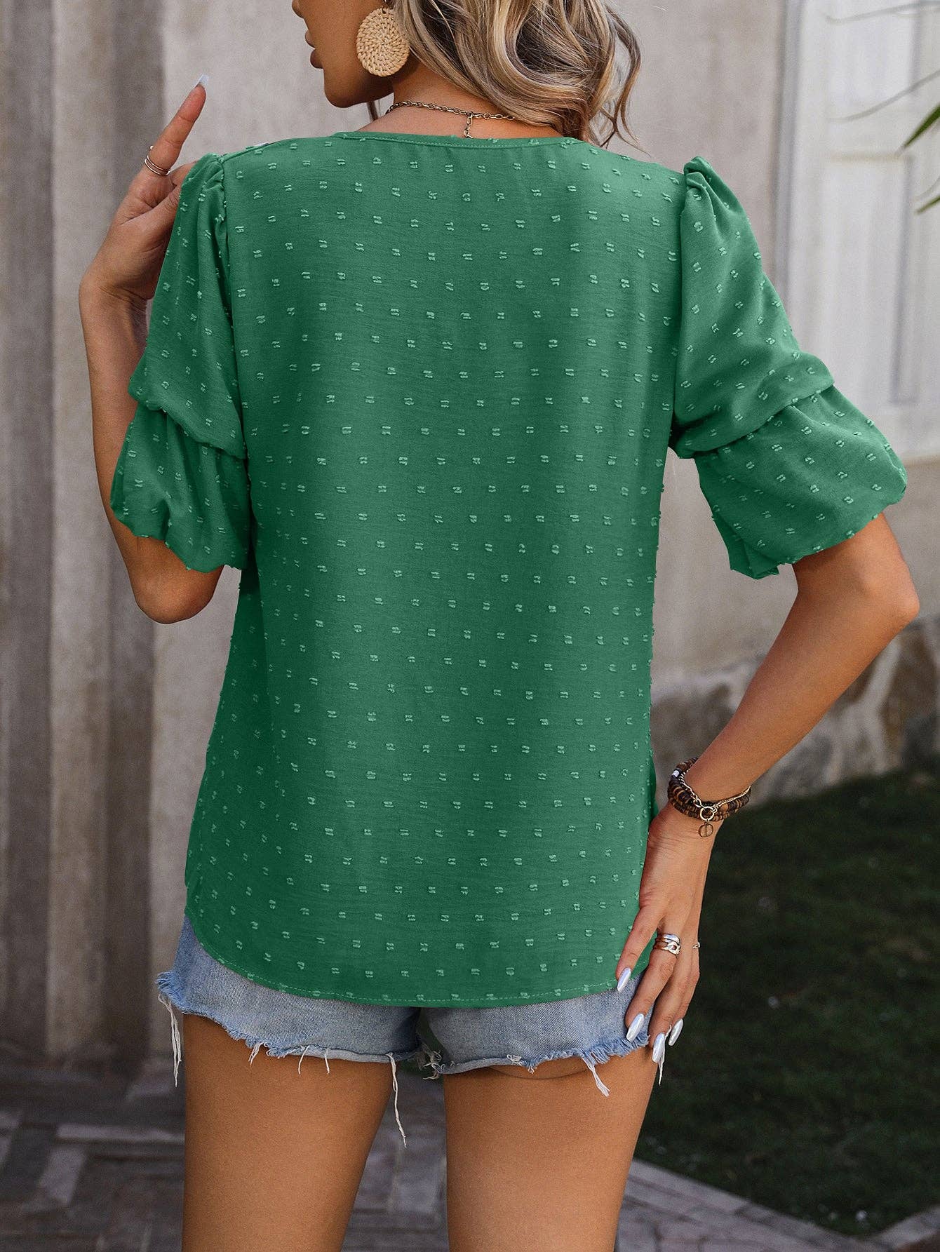 V-Neck T-Shirts Puff Short Sleeve Tops: S / Green / 95%Polyester+5%Spandex