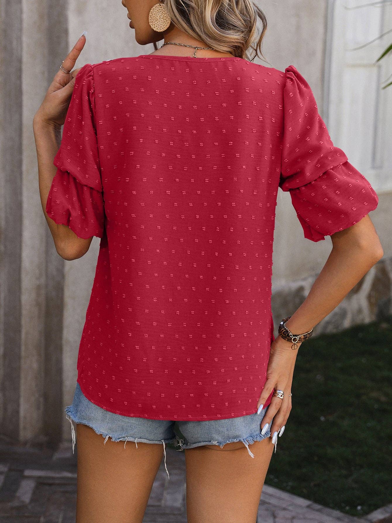 V-Neck T-Shirts Puff Short Sleeve Tops: M / Rust Red / 95%Polyester+5%Spandex