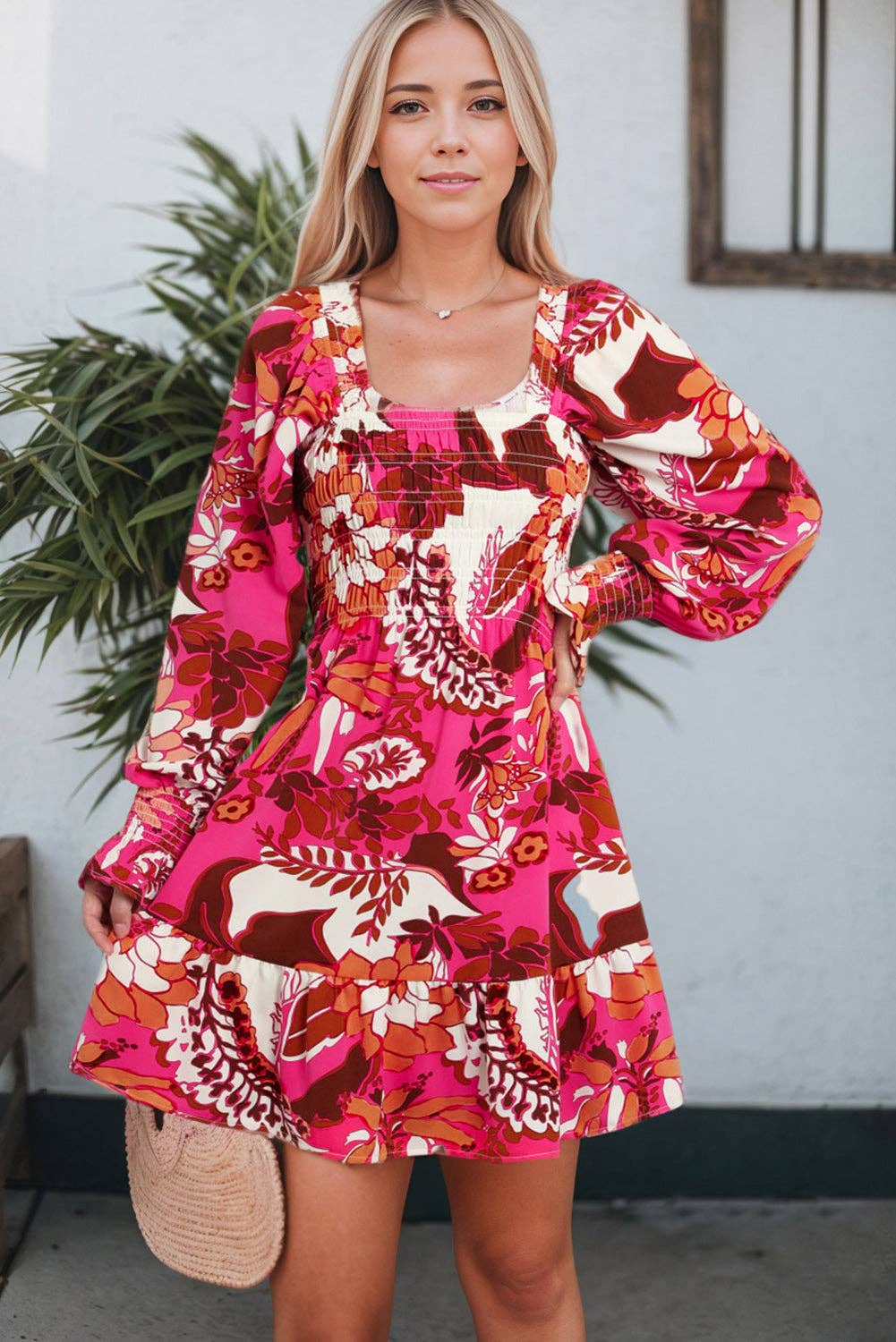 Rose Floral Print Smocked Square Neck Bubble Sleeve Dress: Rose / L / 95%Polyester+5%Elastane