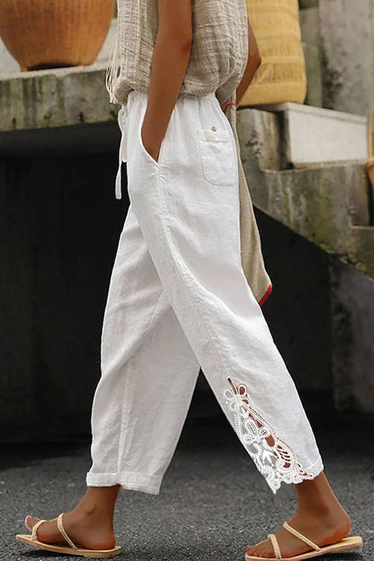 White Lace Splicing Drawstring Casual Cotton Pants: White / L / 100%Cotton
