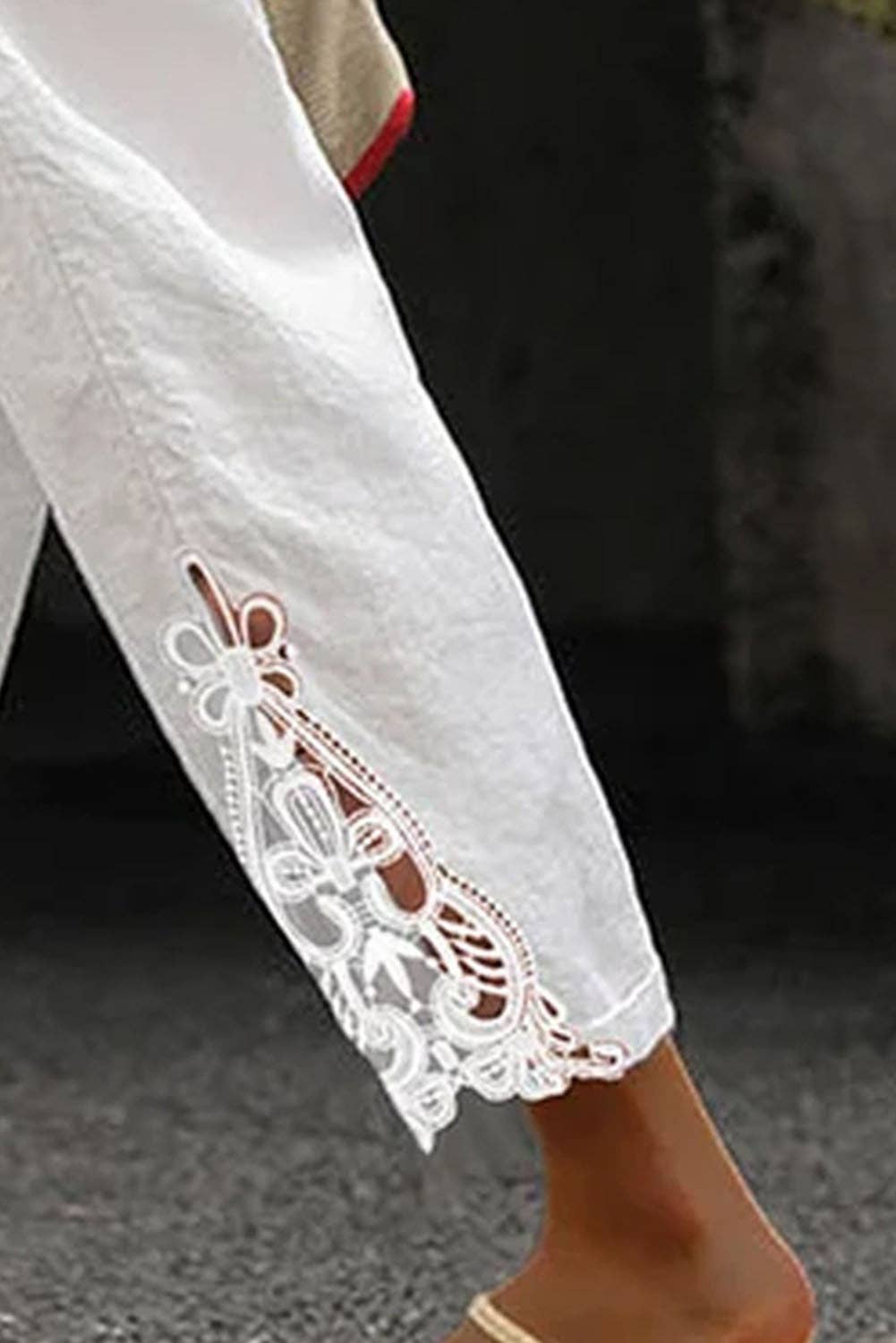 White Lace Splicing Drawstring Casual Cotton Pants: White / L / 100%Cotton