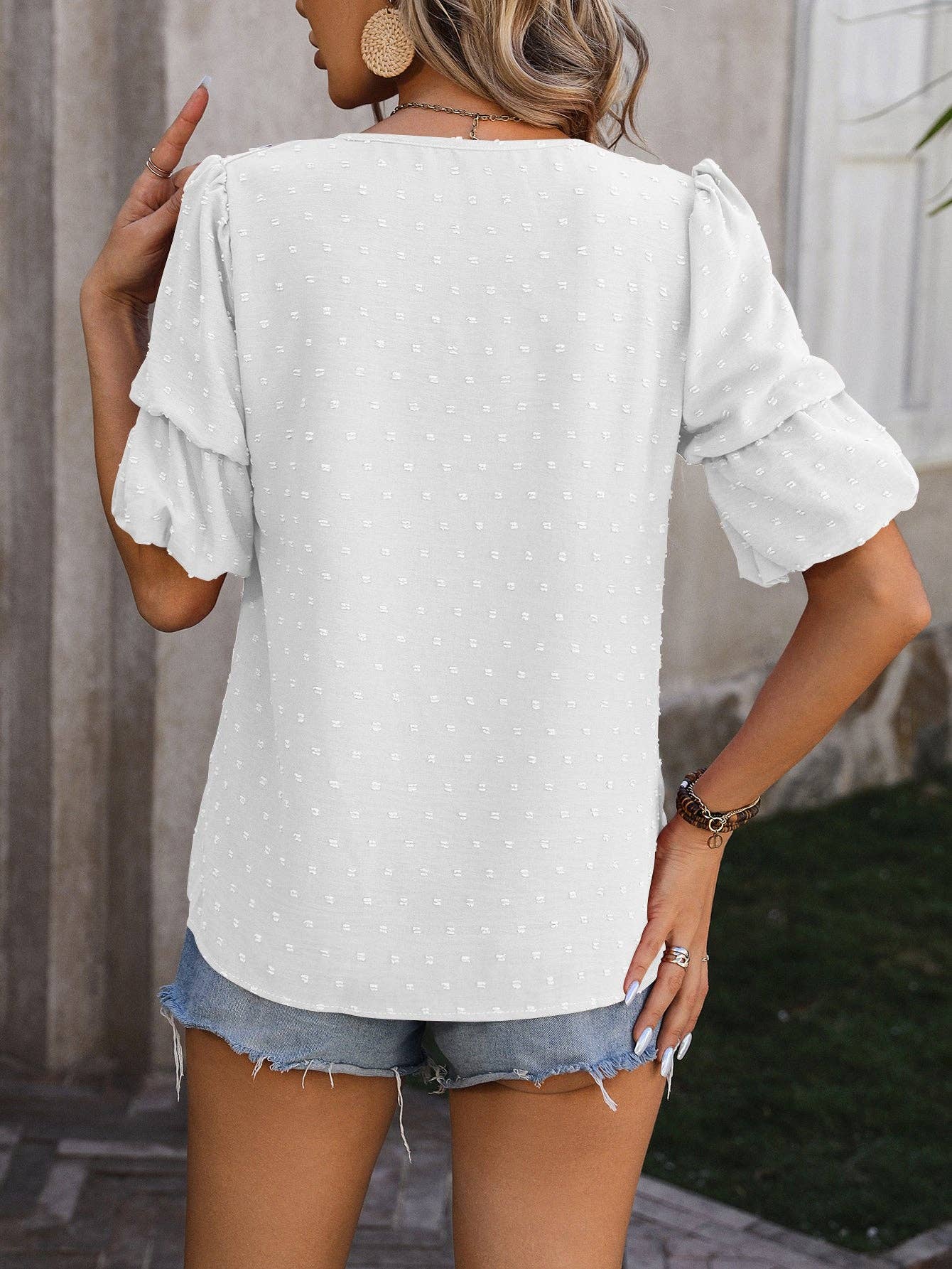 V-Neck T-Shirts Puff Short Sleeve Tops: S / Dusty Blue / 95%Polyester+5%Spandex