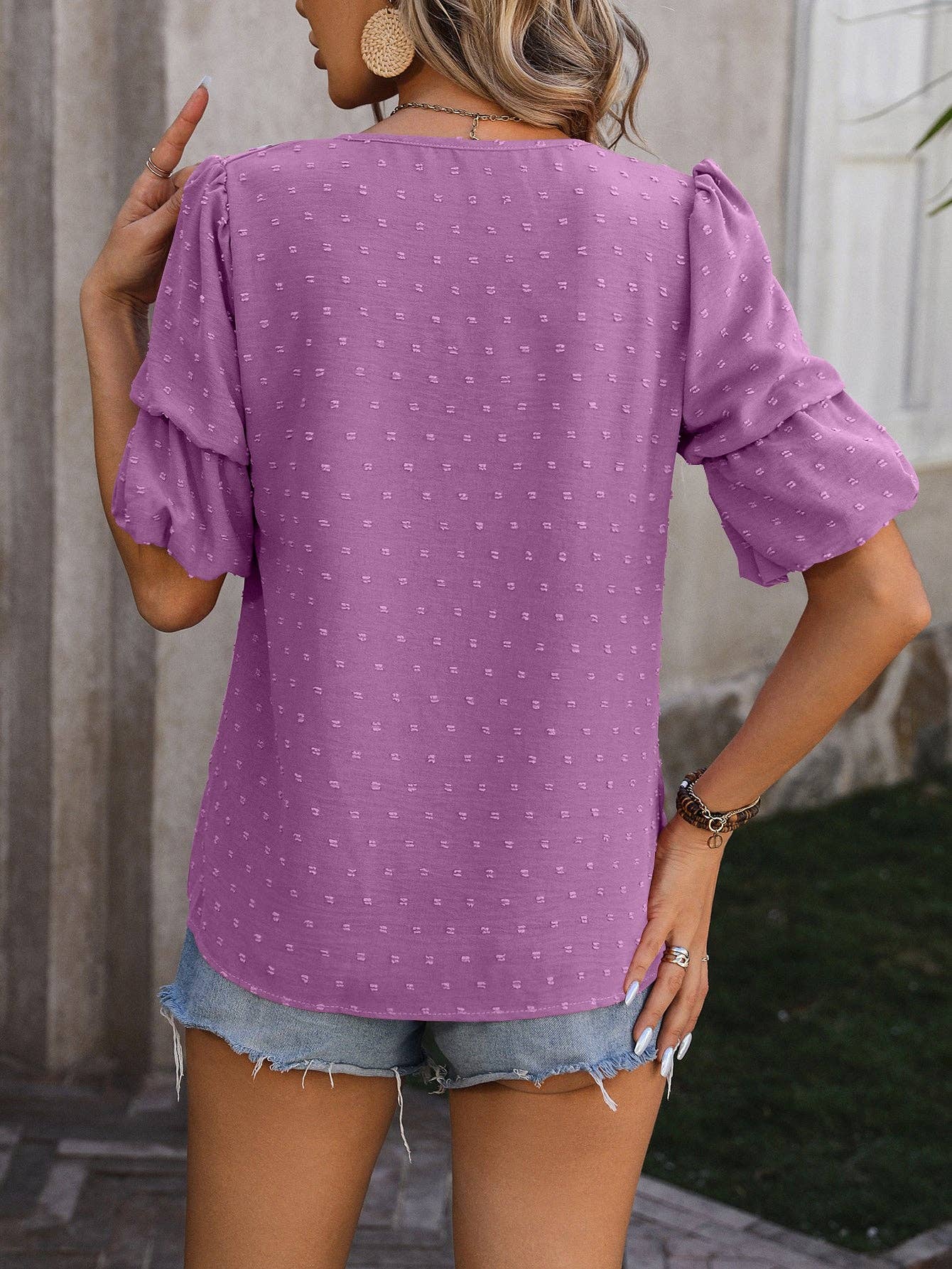 V-Neck T-Shirts Puff Short Sleeve Tops: S / Dusty Blue / 95%Polyester+5%Spandex