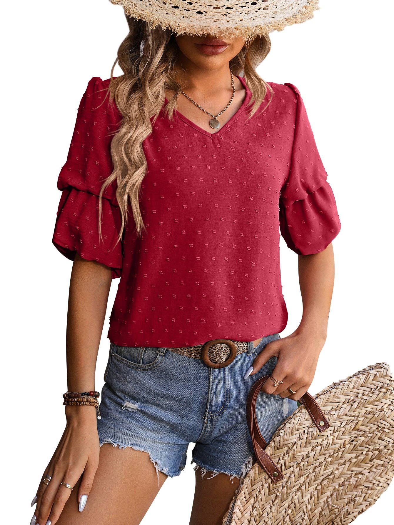 V-Neck T-Shirts Puff Short Sleeve Tops: M / Rust Red / 95%Polyester+5%Spandex