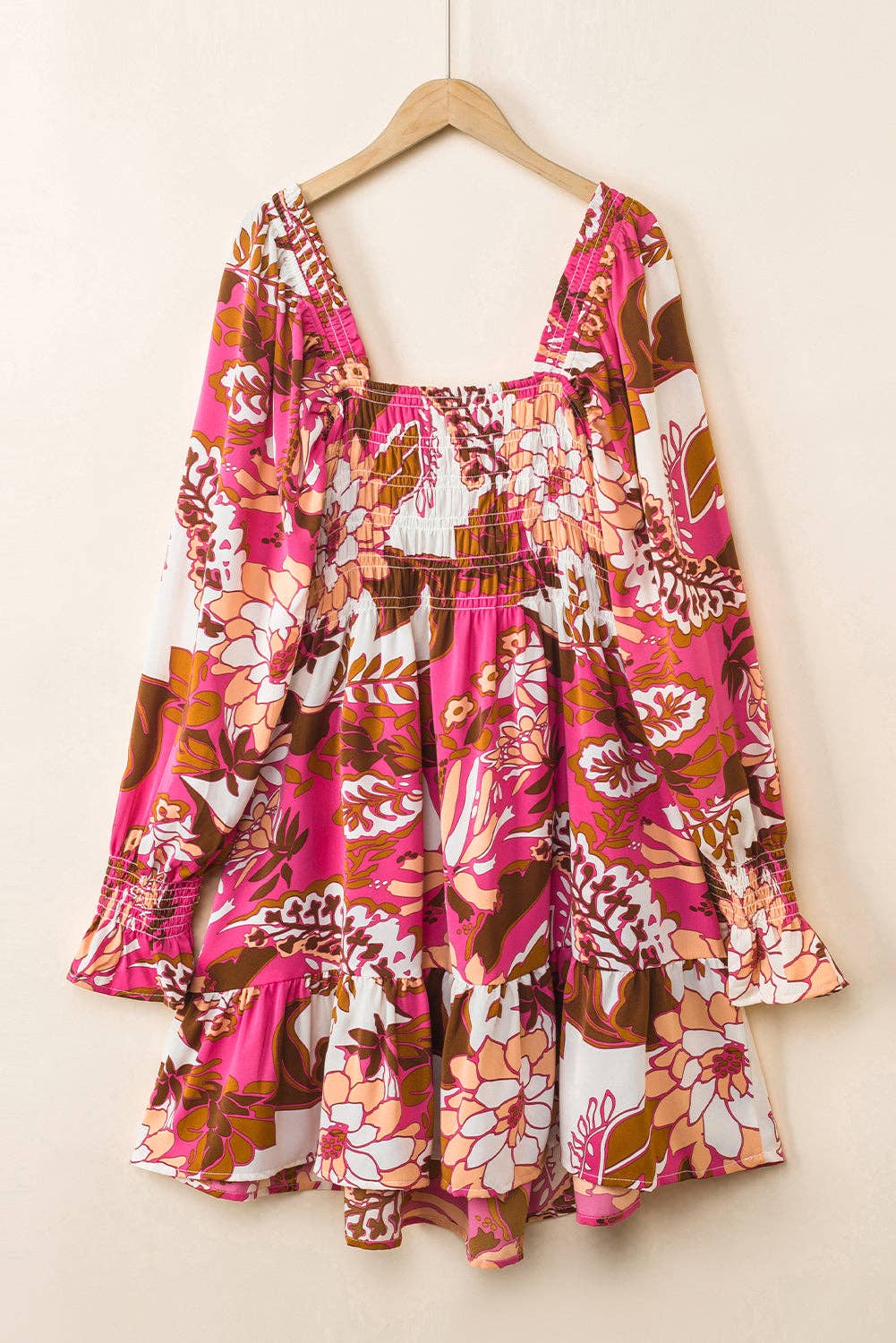 Rose Floral Print Smocked Square Neck Bubble Sleeve Dress: Rose / L / 95%Polyester+5%Elastane