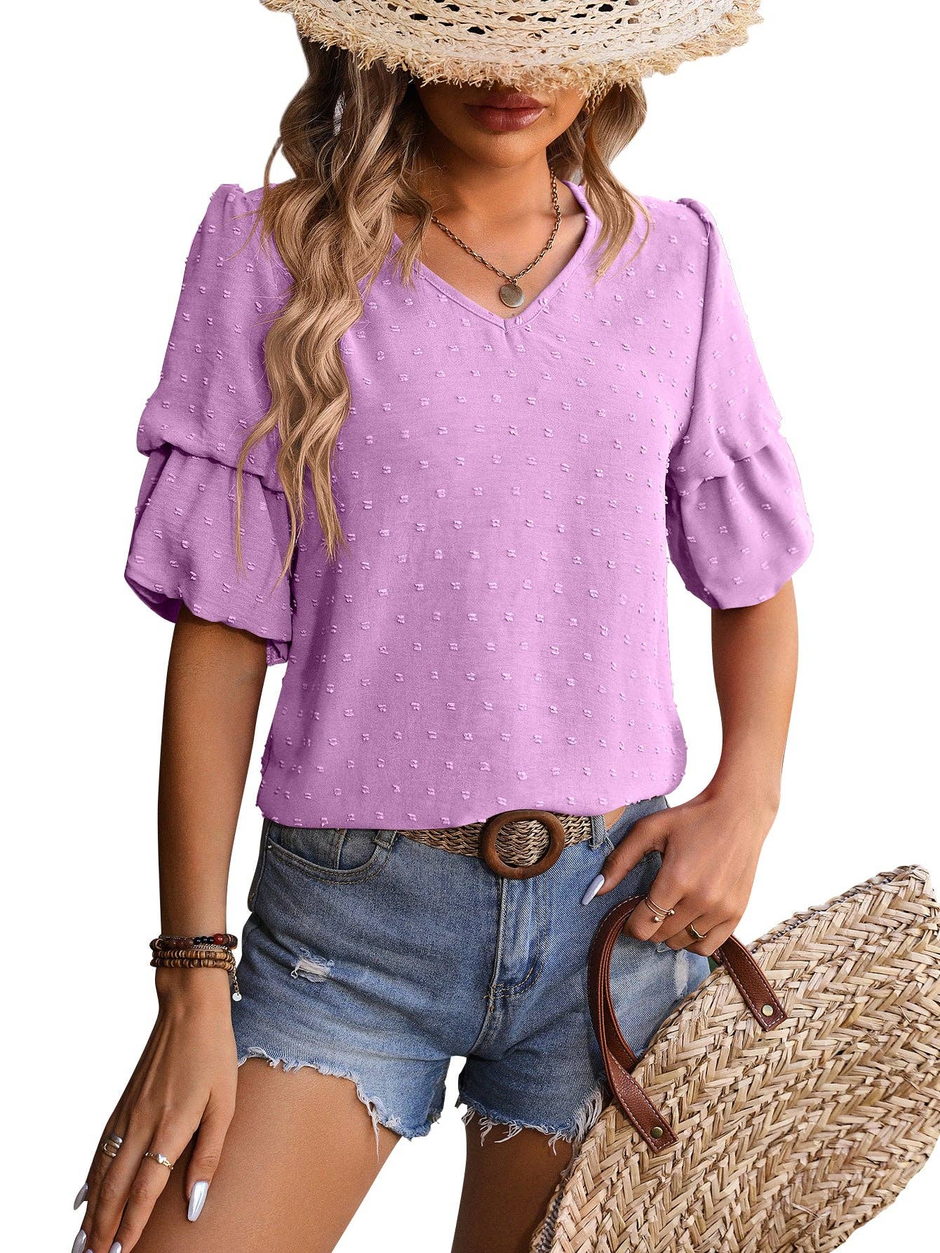 V-Neck T-Shirts Puff Short Sleeve Tops: S / Dusty Blue / 95%Polyester+5%Spandex