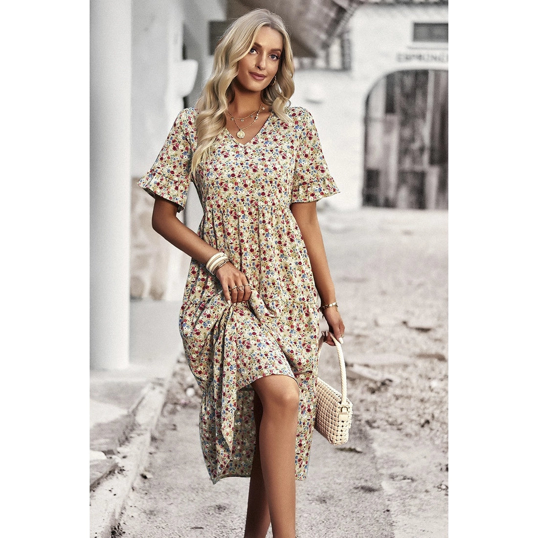 Floral Print Ruffle Sleeve Midi Dress