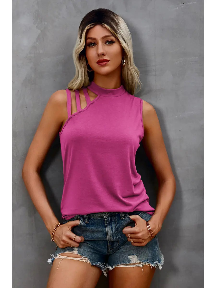 Mock Neck Cut-Out Sleeveless Top