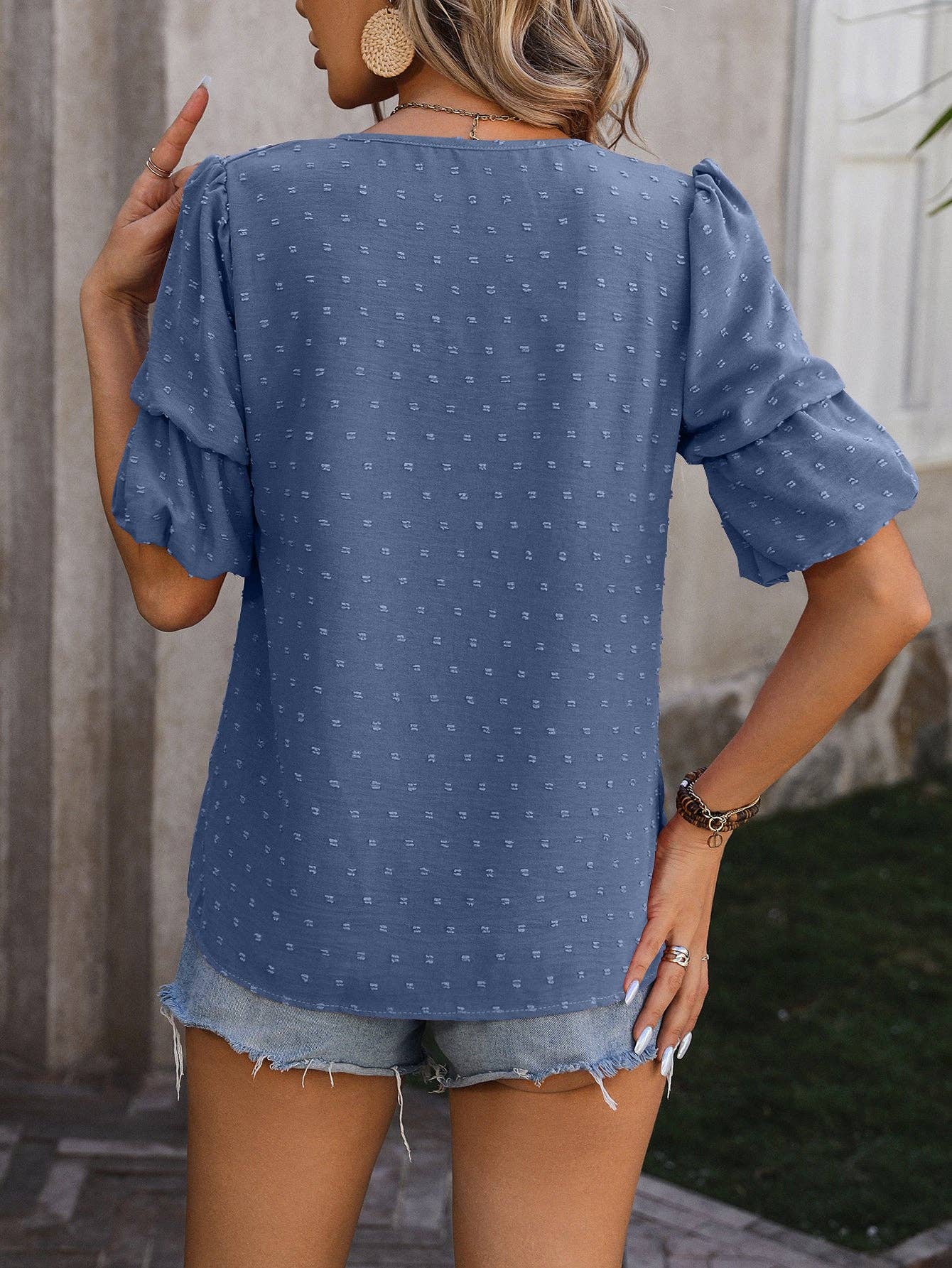 V-Neck T-Shirts Puff Short Sleeve Tops: S / Dusty Blue / 95%Polyester+5%Spandex