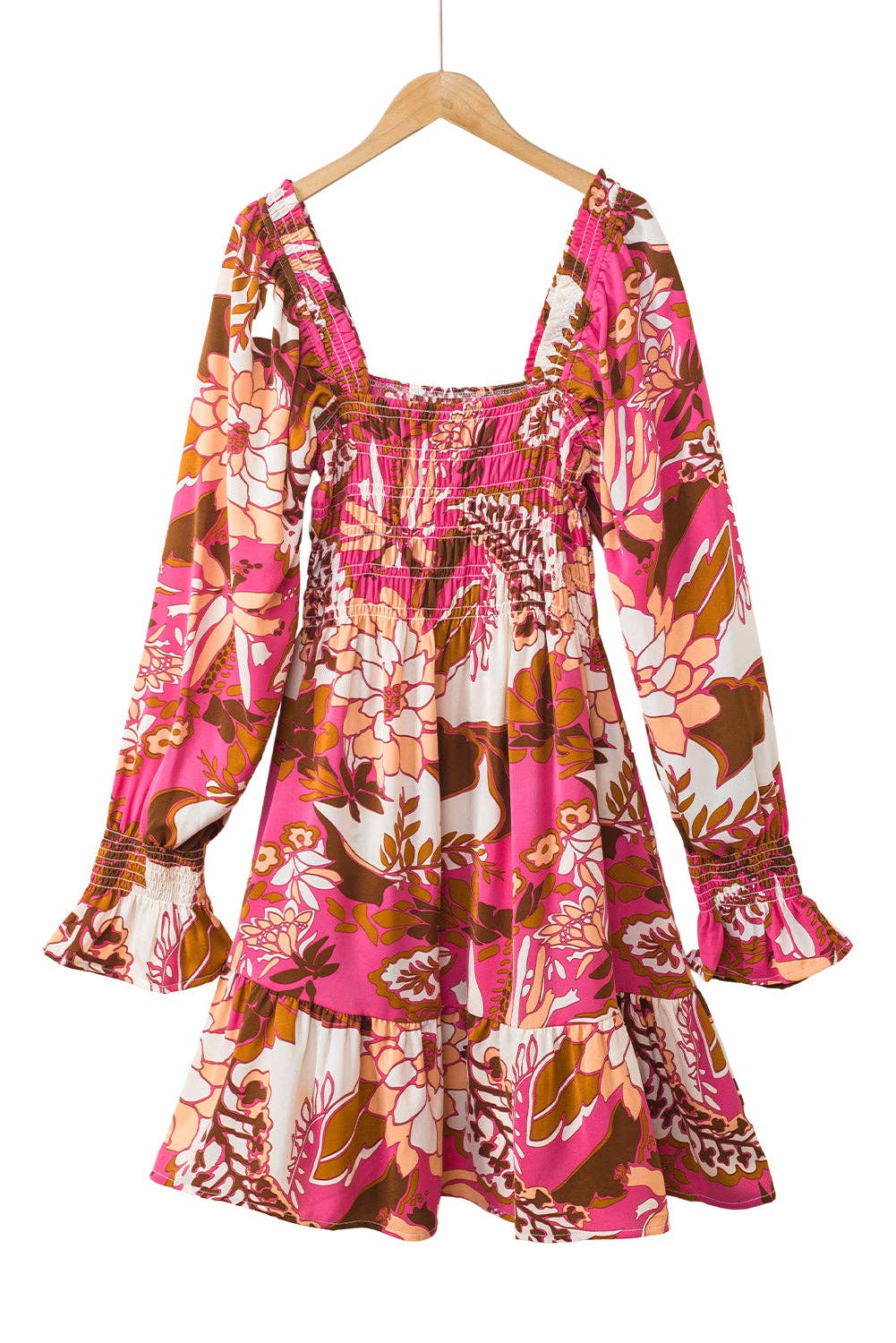 Rose Floral Print Smocked Square Neck Bubble Sleeve Dress: Rose / L / 95%Polyester+5%Elastane