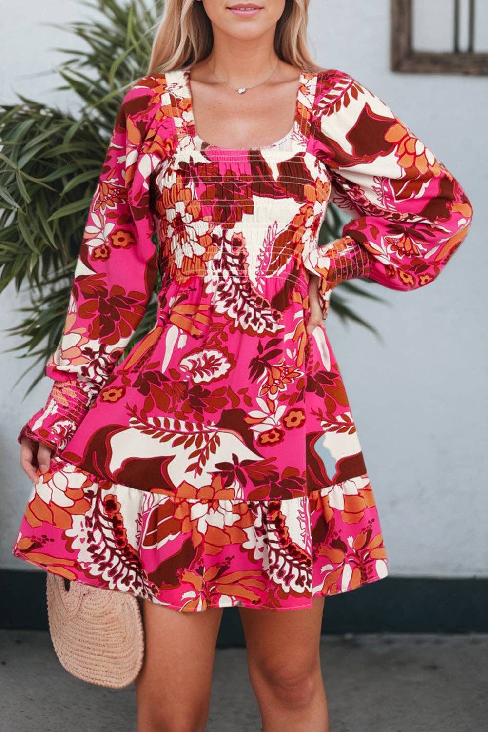 Rose Floral Print Smocked Square Neck Bubble Sleeve Dress: Rose / L / 95%Polyester+5%Elastane