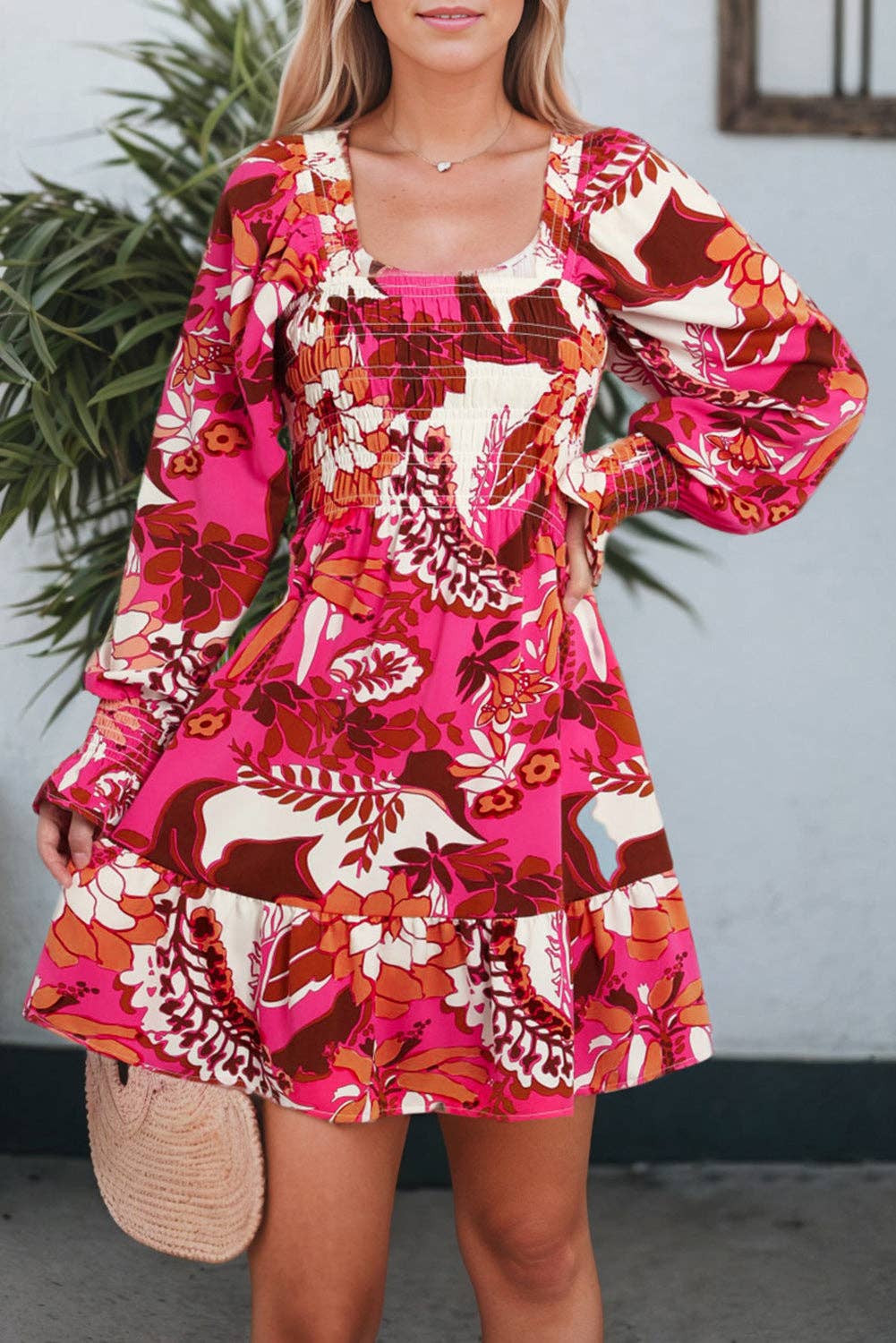 Rose Floral Print Smocked Square Neck Bubble Sleeve Dress: Rose / S / 95%Polyester+5%Elastane
