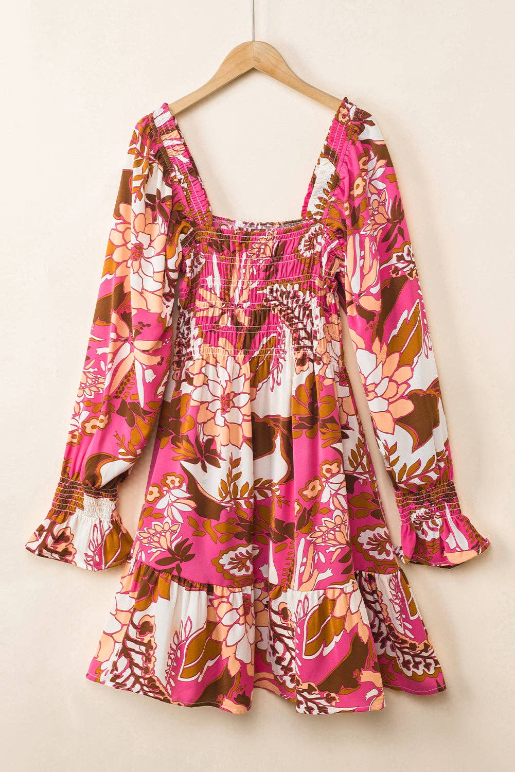 Rose Floral Print Smocked Square Neck Bubble Sleeve Dress: Rose / L / 95%Polyester+5%Elastane