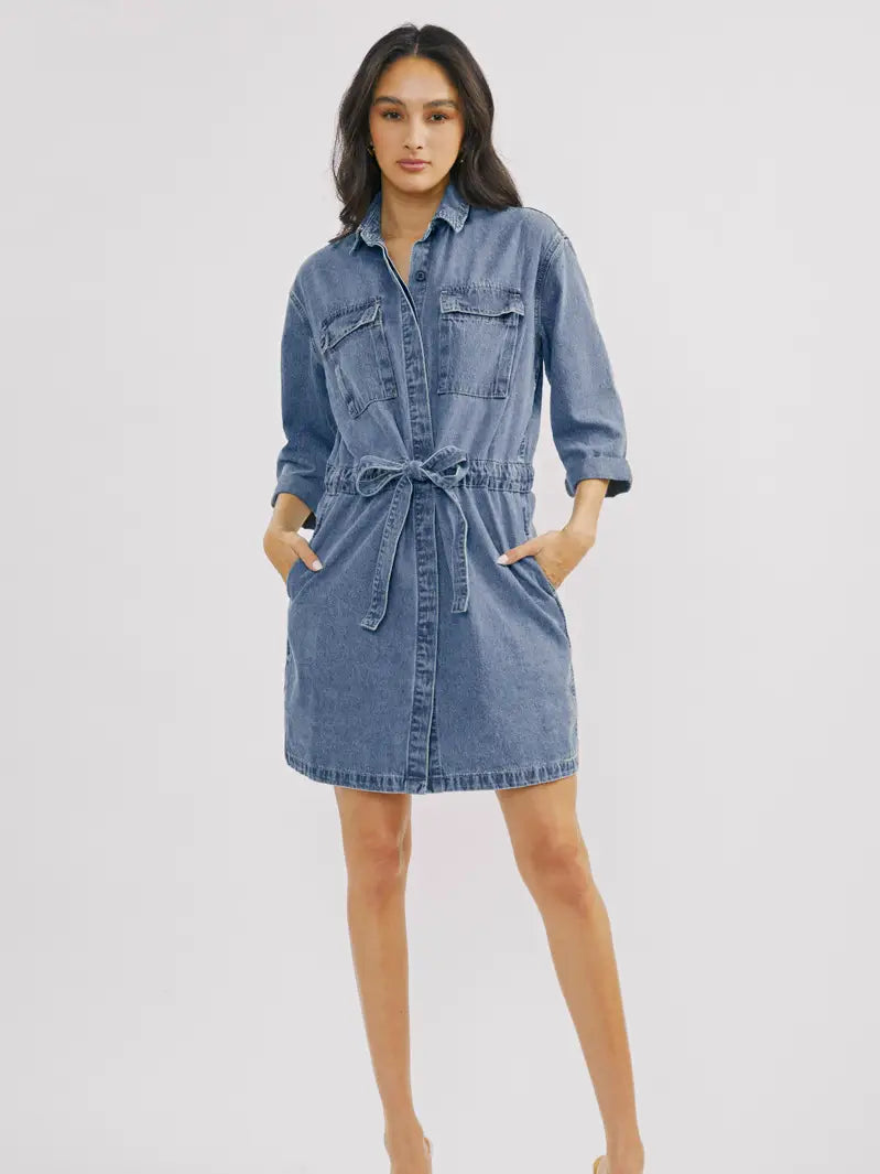 Kan Can Button Down 3/4 Sleeve Shirt Dress